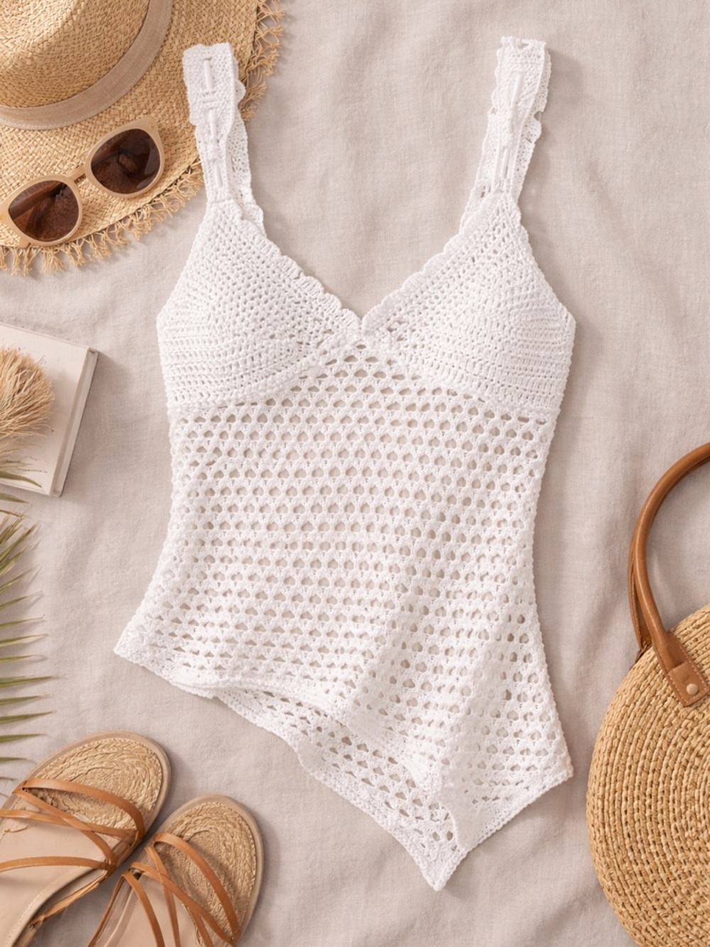 White Crochet Knit Tank Top Boho Coastal Beach Cover Up Size S Open Knit